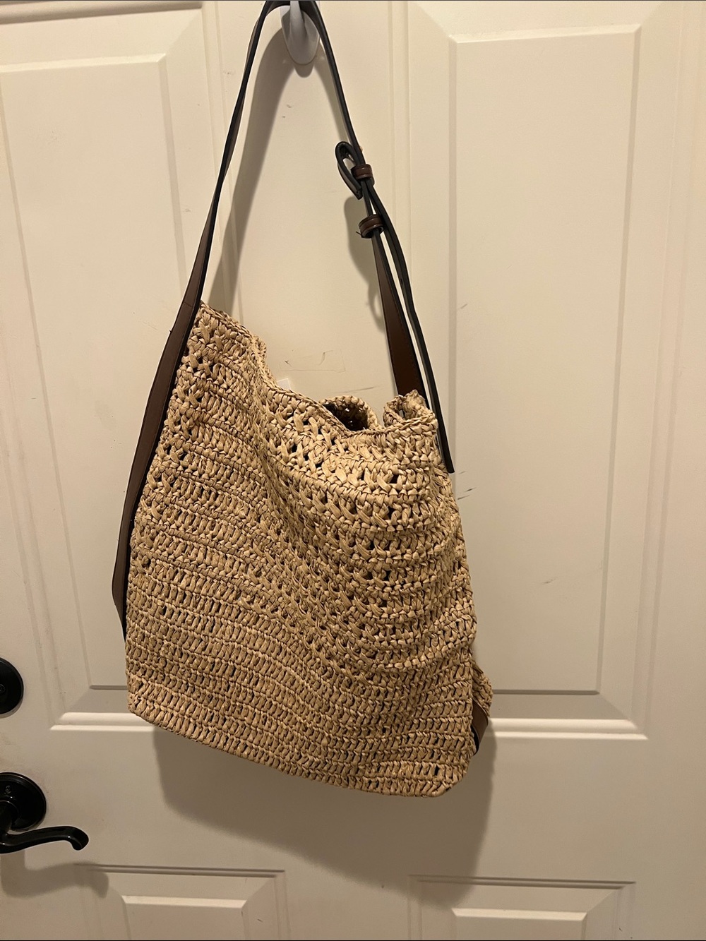 Zara Woven Straw Shoulder Bag with Brown Leather Strap NWT